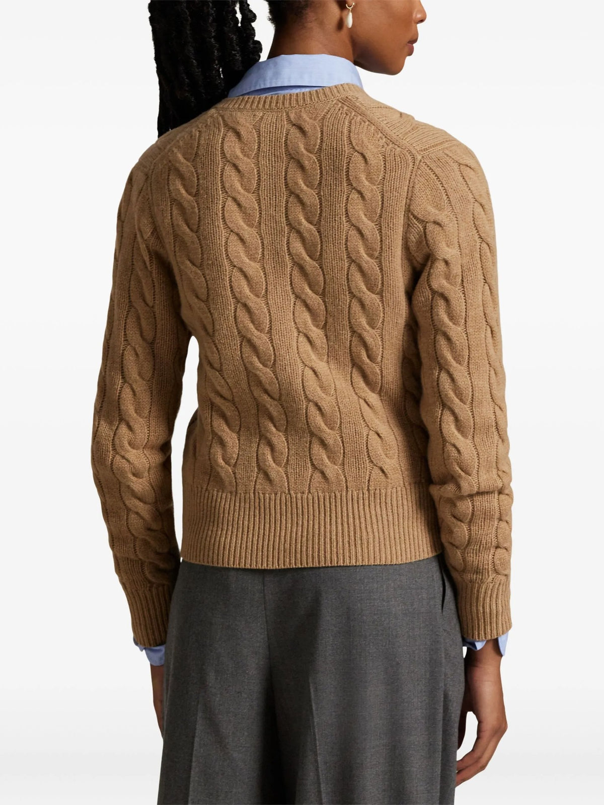 Cardigan A Trecce Con Logo Ricamato - Cammello