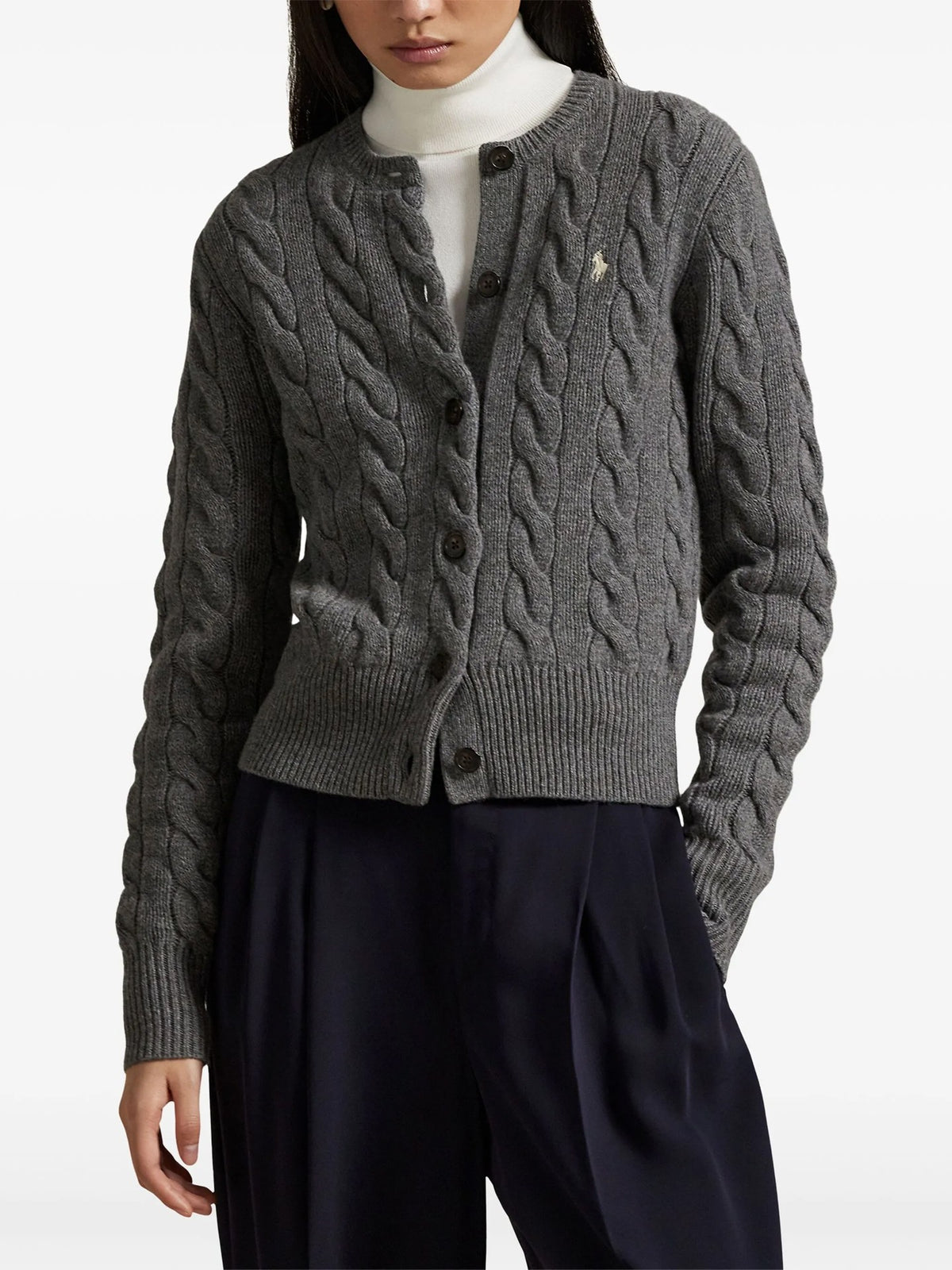 Cardigan A Trecce Con Logo Ricamato - Grigio