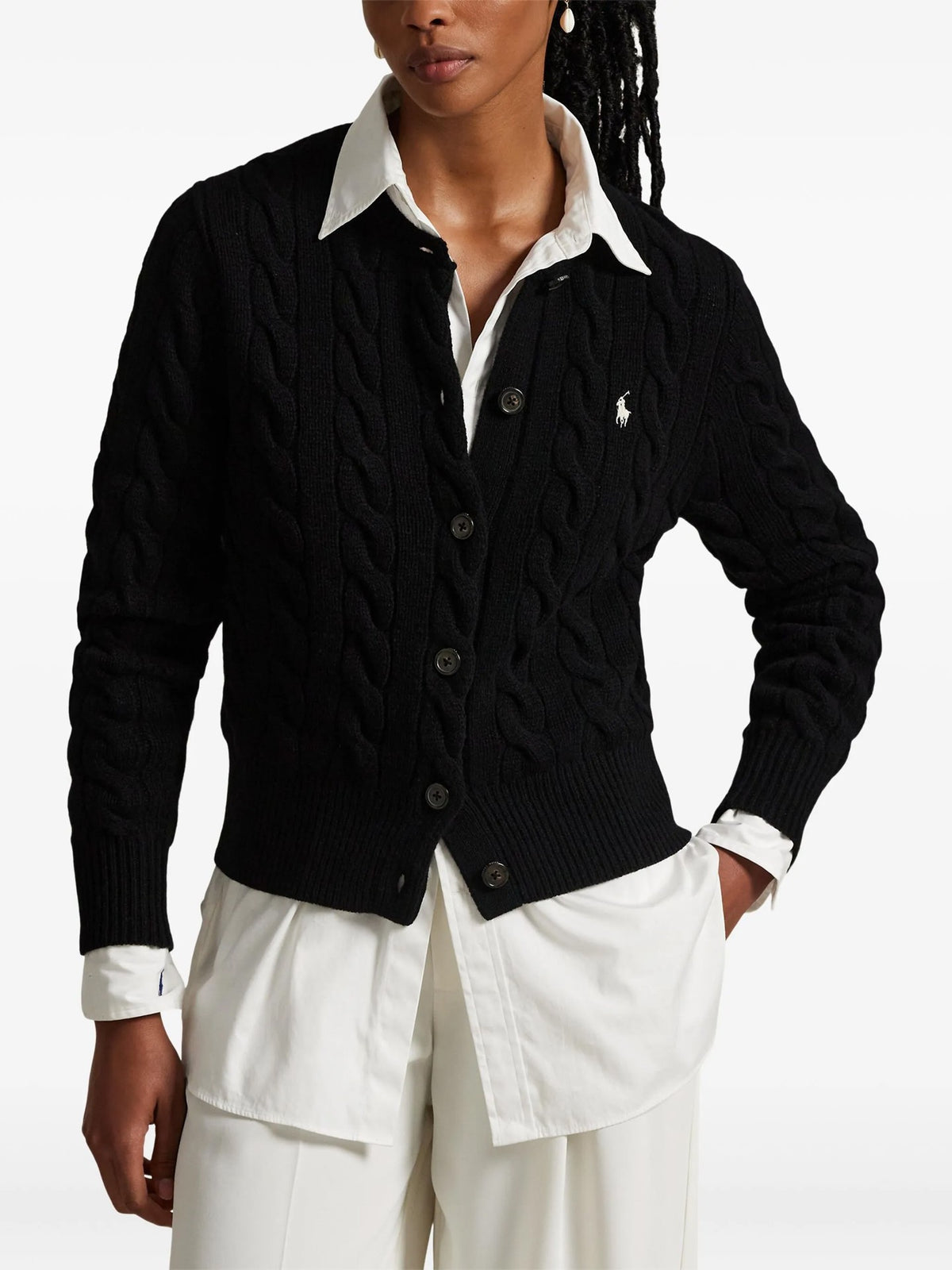 Cardigan A Trecce Con Logo Ricamato - Nero