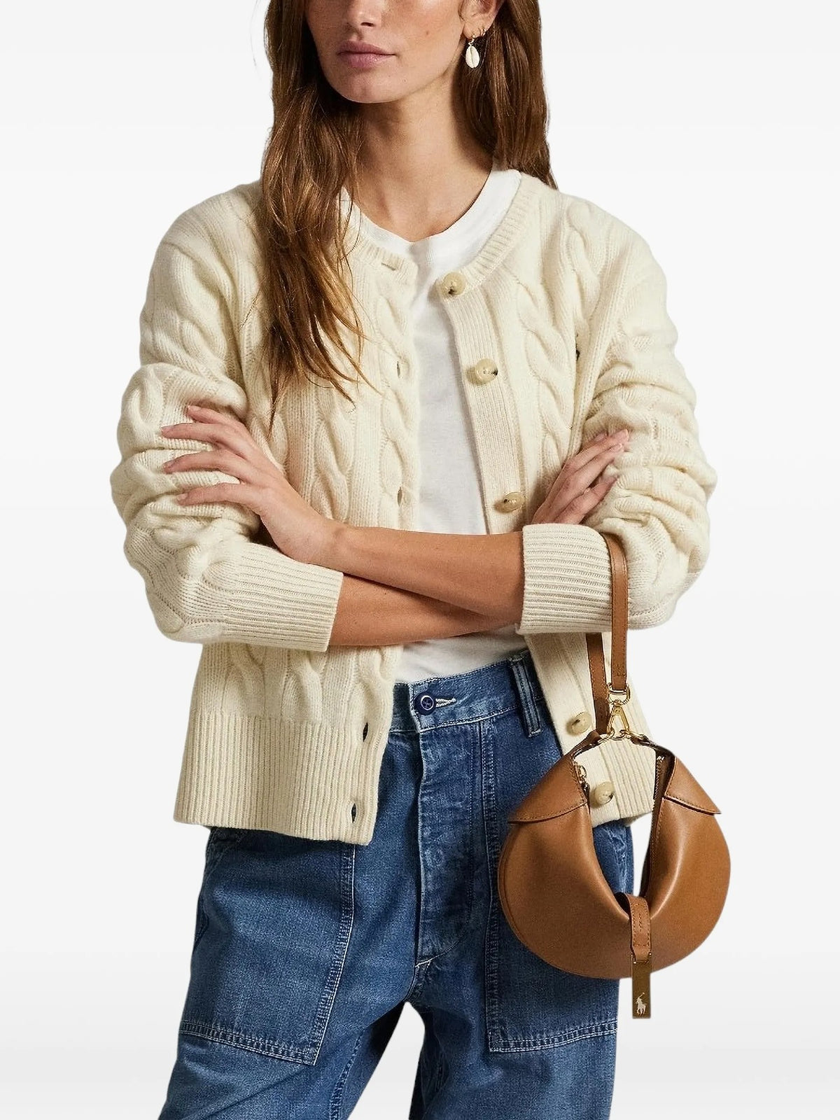 Cardigan A Trecce Con Logo Ricamato - Bianco