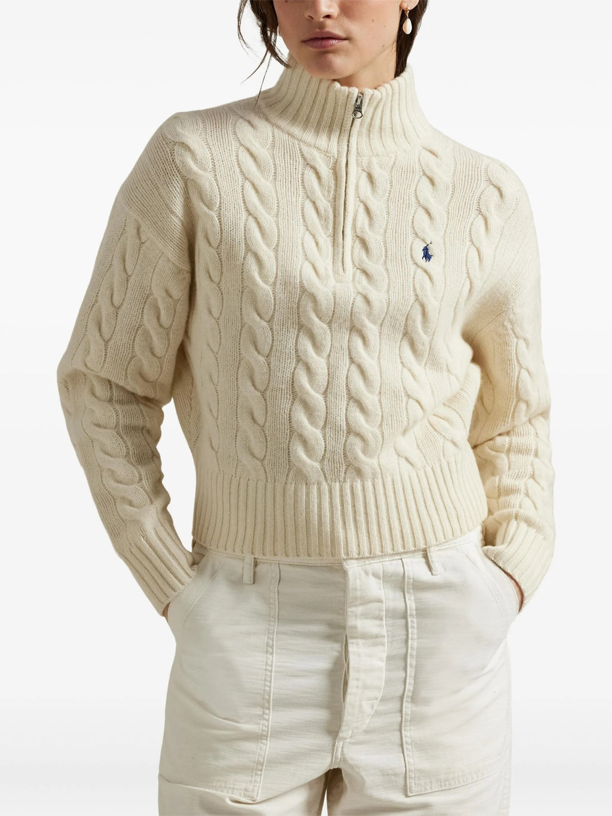 Maglione A Trecce Con Mezza Zip - Crema