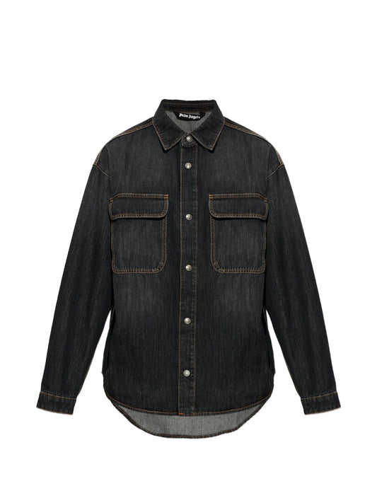 Camicia Denim Con Stampa Logo - Nero