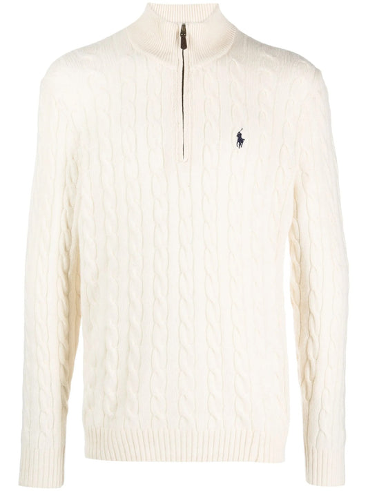 Maglione A Trecce Mezza Zip - Panna