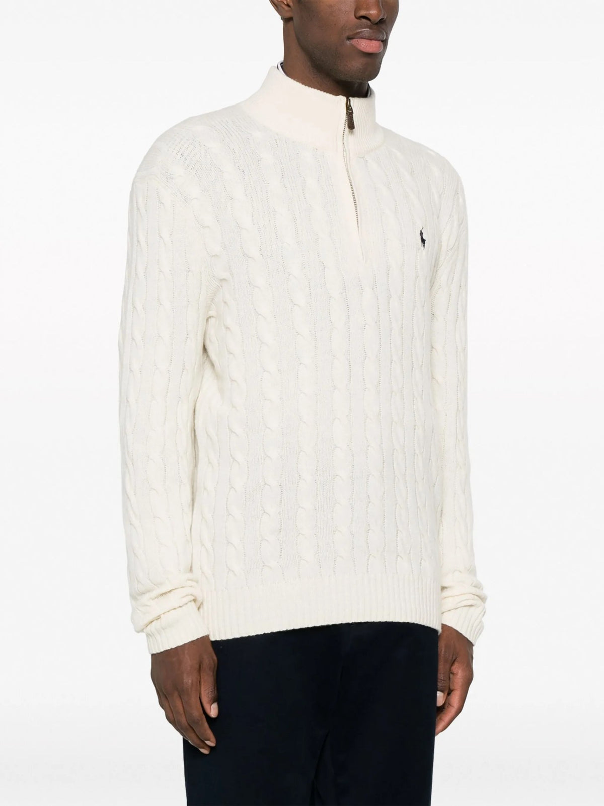 Maglione A Trecce Mezza Zip - Panna