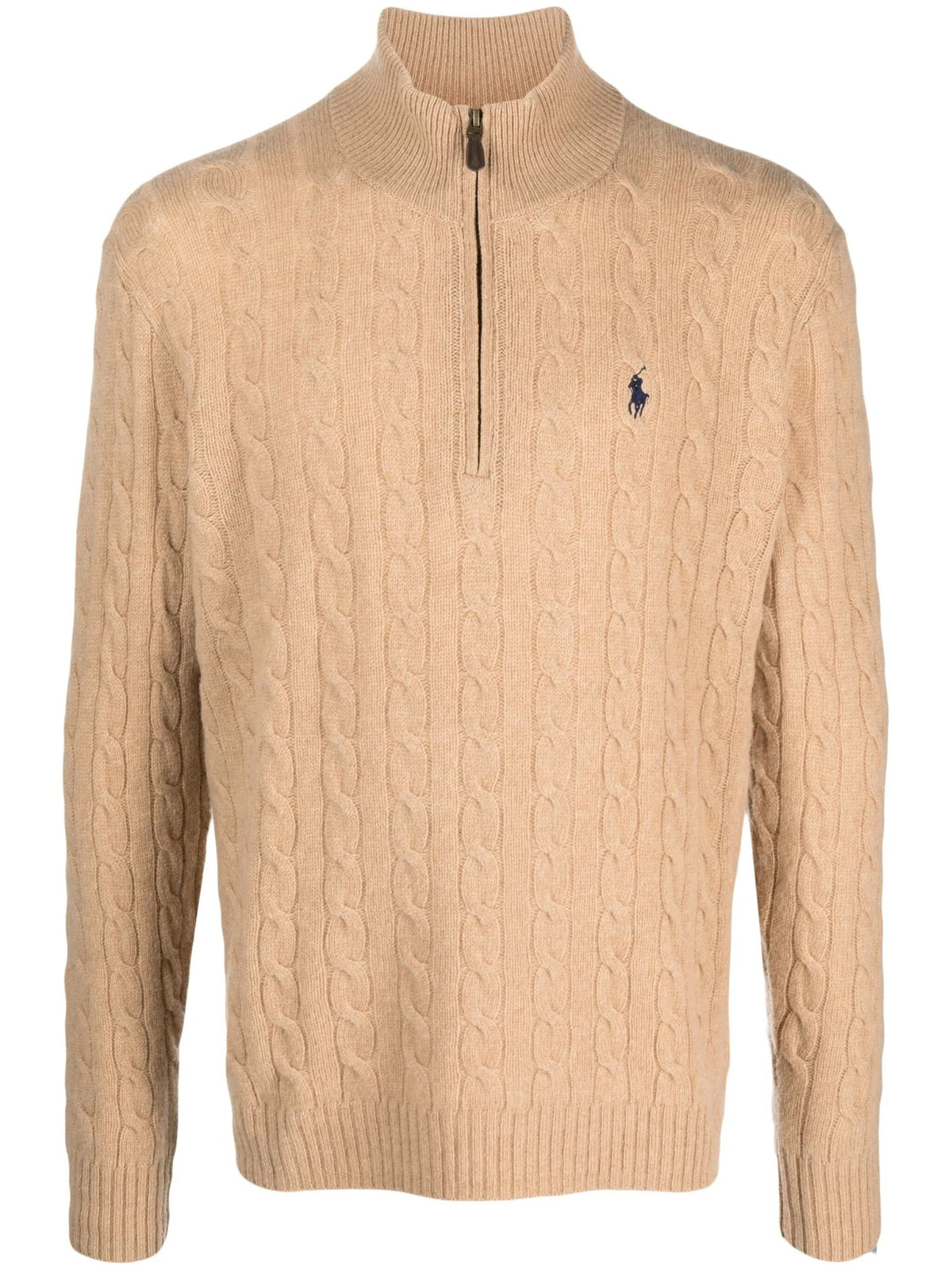Maglione A Trecce Mezza Zip - Beige