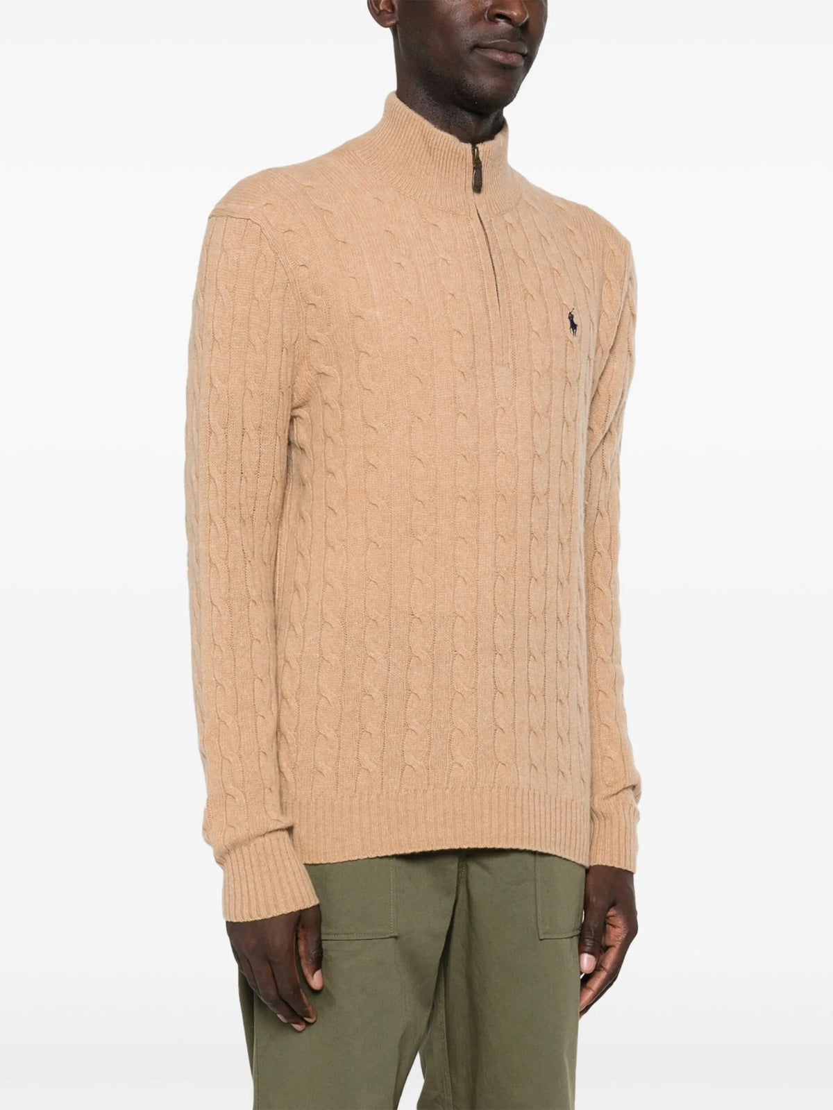Maglione A Trecce Mezza Zip - Beige
