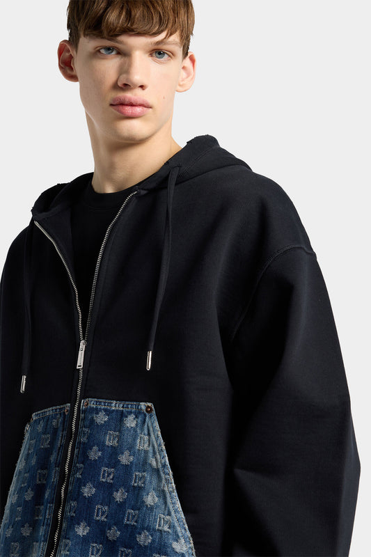 Felpa Relaxed Fit con cappuccio, monogramam D2 e zip - NERO
