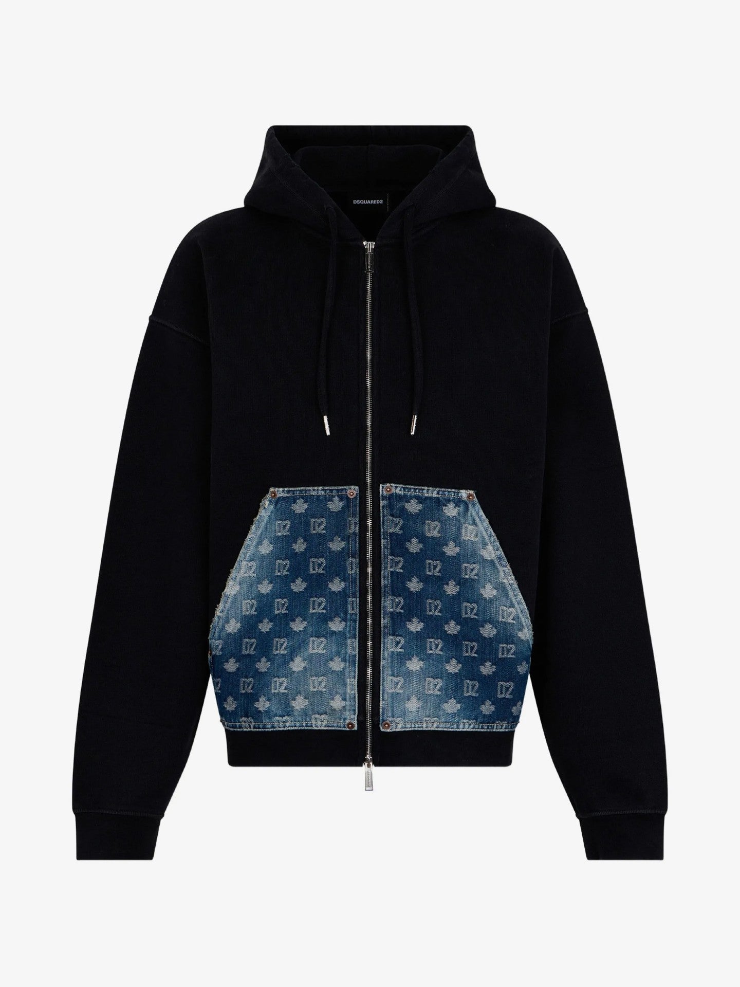 Felpa Relaxed Fit con cappuccio, monogramam D2 e zip - NERO