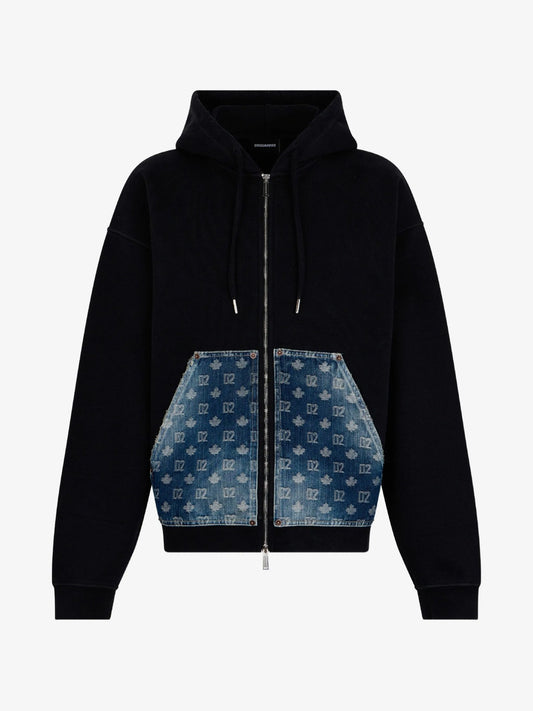Felpa Relaxed Fit con cappuccio, monogramam D2 e zip - NERO