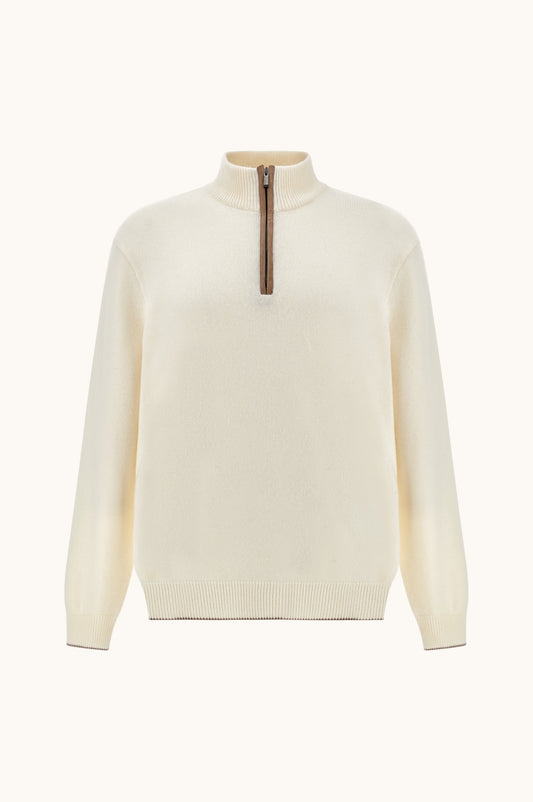 Maglia Mezza Zip In Lana E Cashmere - Crema